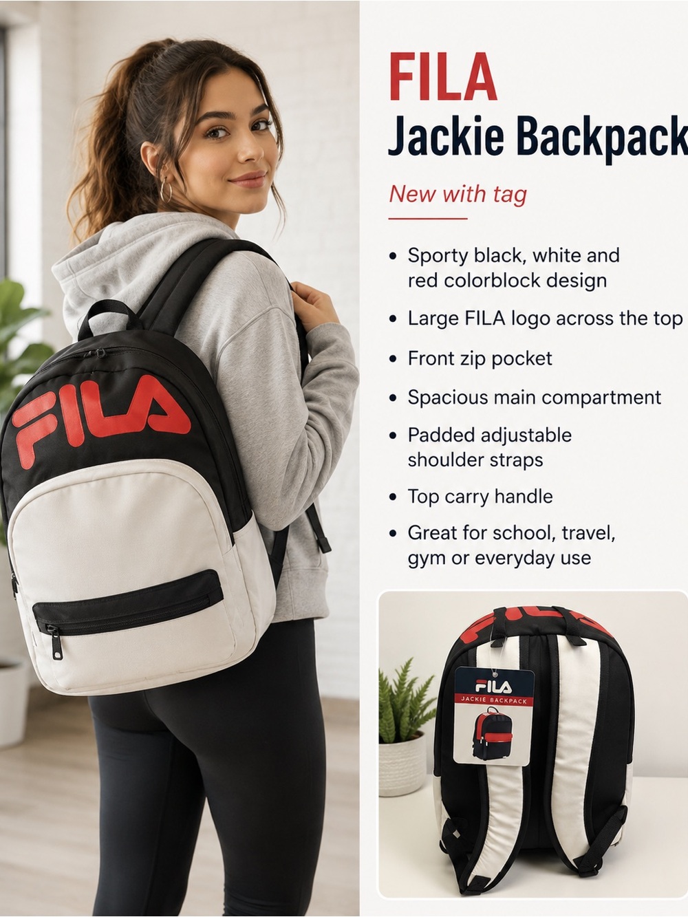 Fila Black and White Backpack with Red Logo